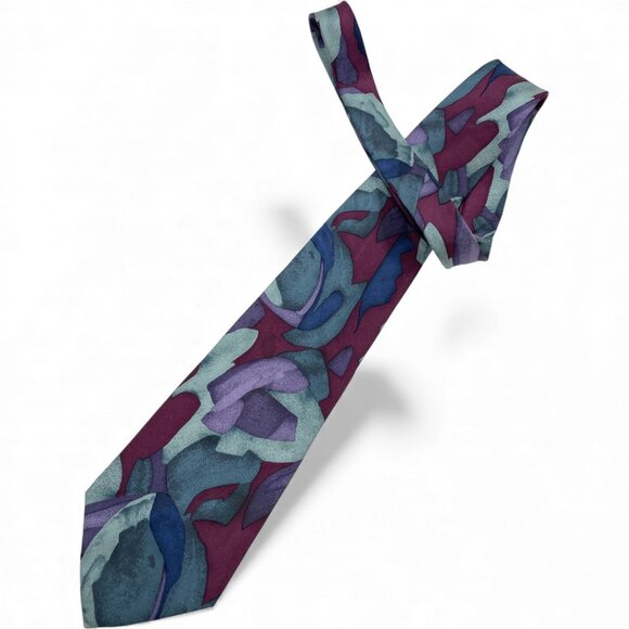 Bill Blass Silk Tie Abstract Modern Art Burgundy Red Blue Purple - Picture 2 of 6